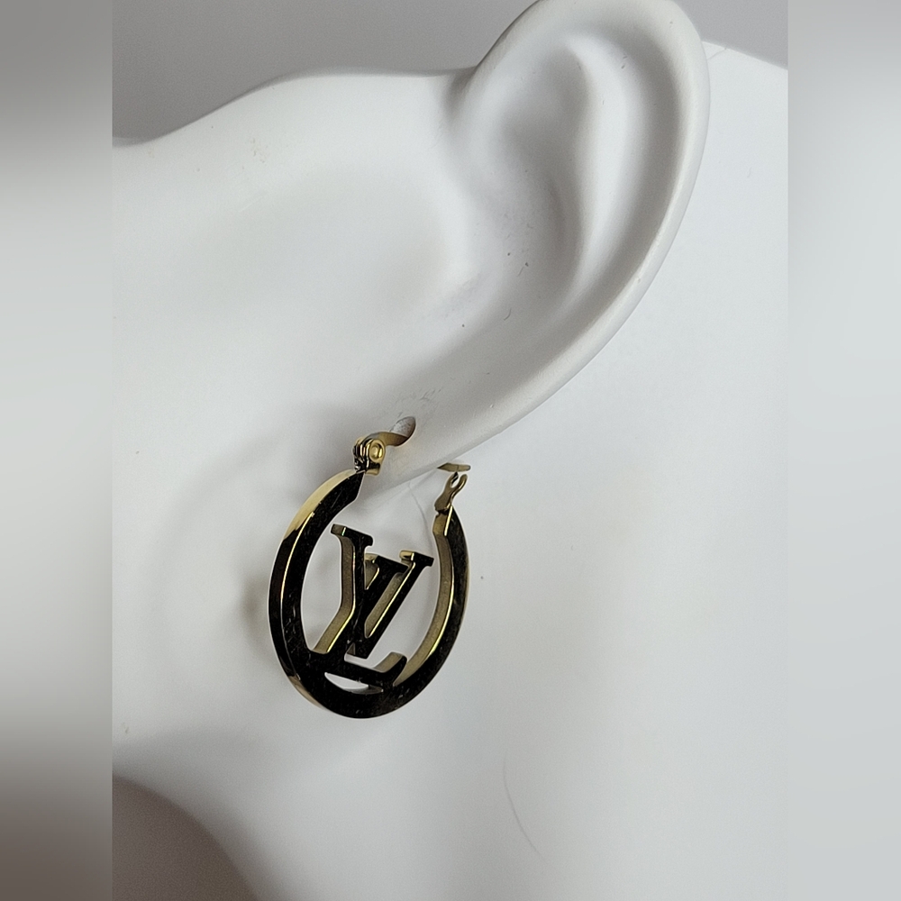 LV Monogram Gold Plated Hoop Earrings - Picture 2 of 3